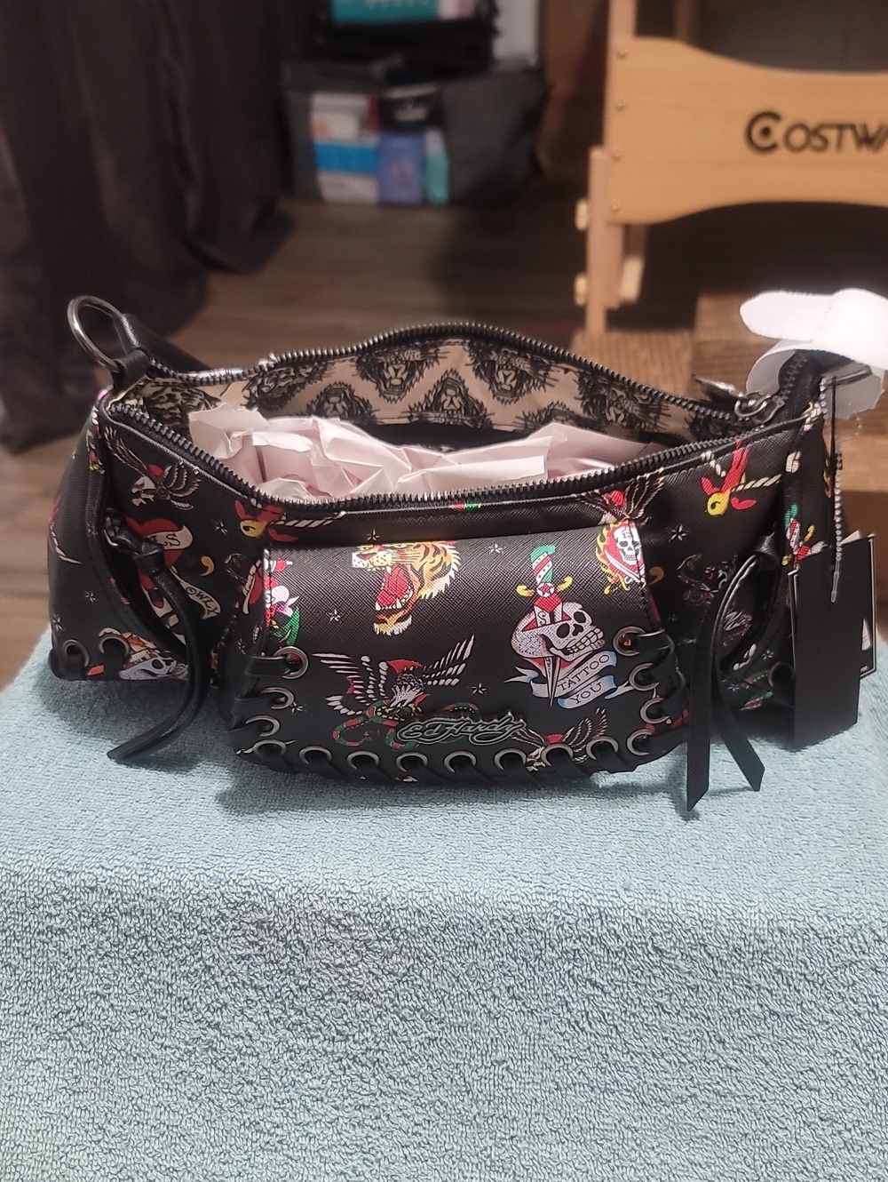 Ed Hardy Black Tattoo-Print Shoulder Bag with Red, Yellow and Green Accents